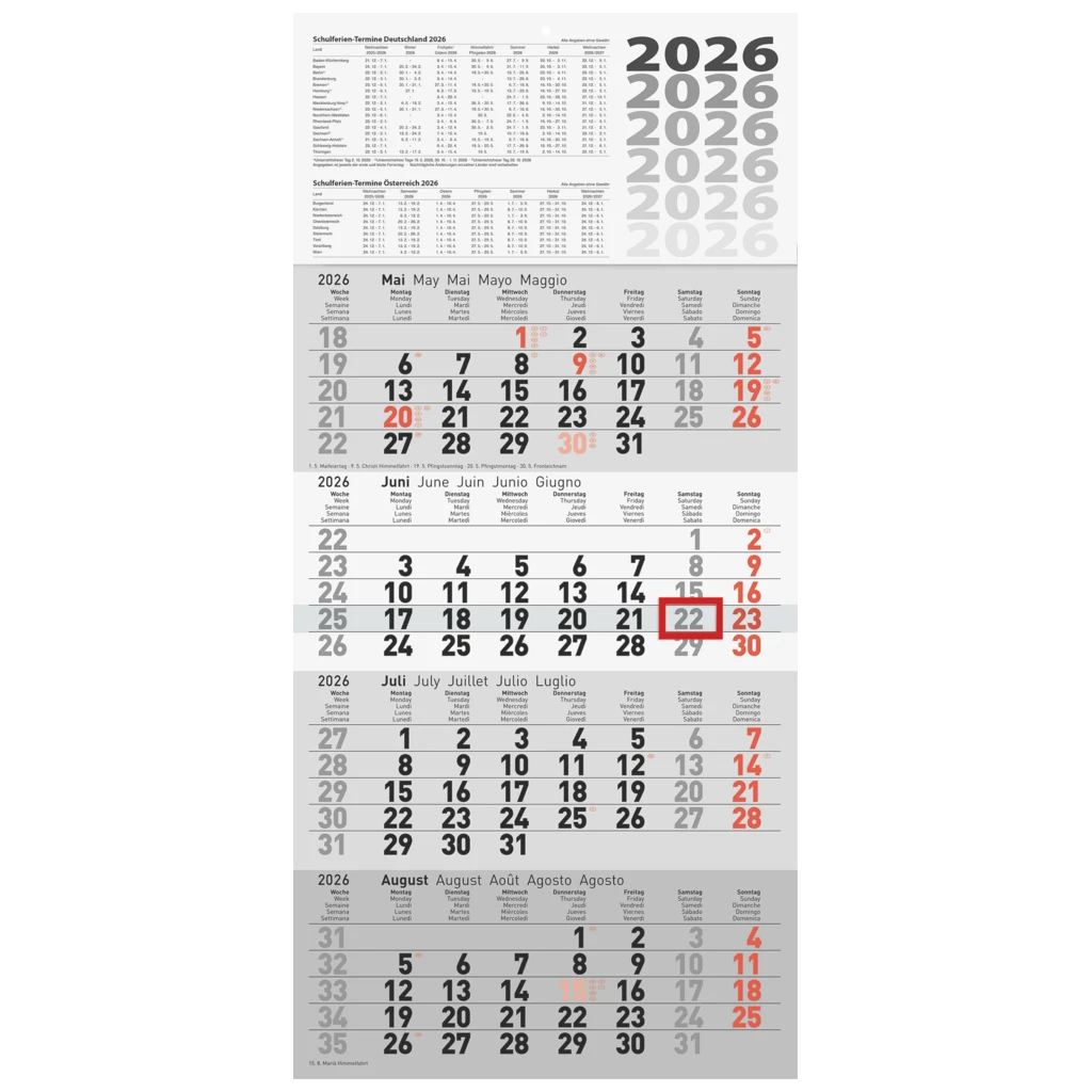 4-Monatskalender 2026 | grau, 300×630 mm