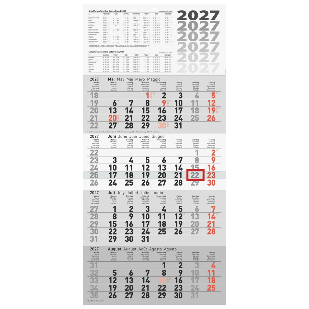 4-Monatskalender 2027 | grau, 300×630 mm