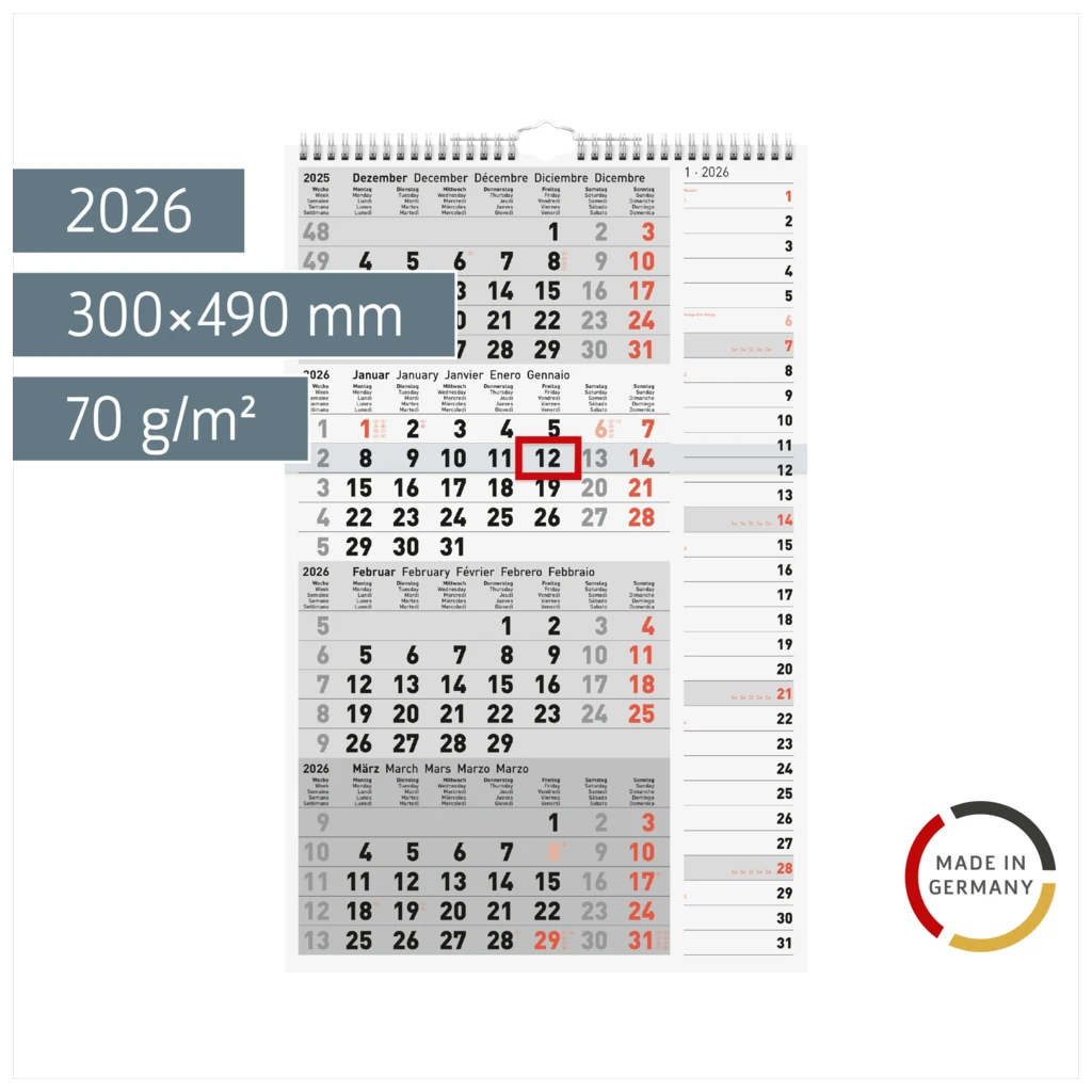 4-Monatskalender 2026 | grau, 300×490 mm