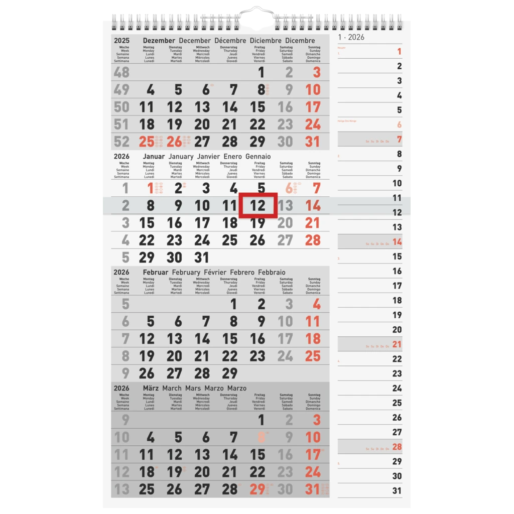 4-Monatskalender 2026 | grau, 300×490 mm