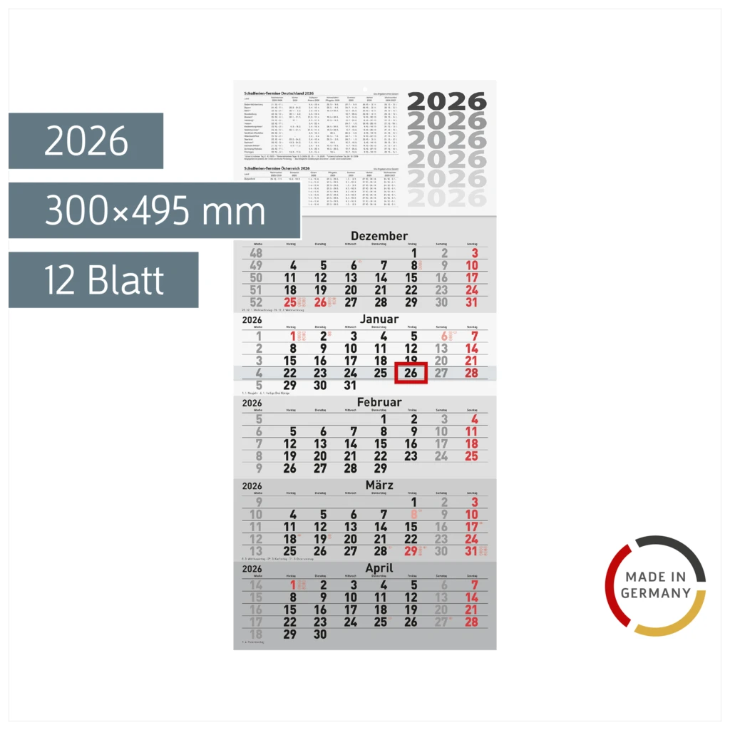 5-Monatskalender 2026 | grau, 300×630 mm