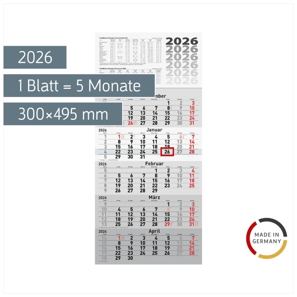 5-Monatskalender 2026 | grau, 300×630 mm
