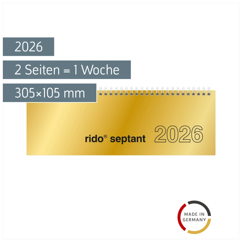 Querterminbuch Mod. septant 2026 | 305×105 mm, Karton, gold