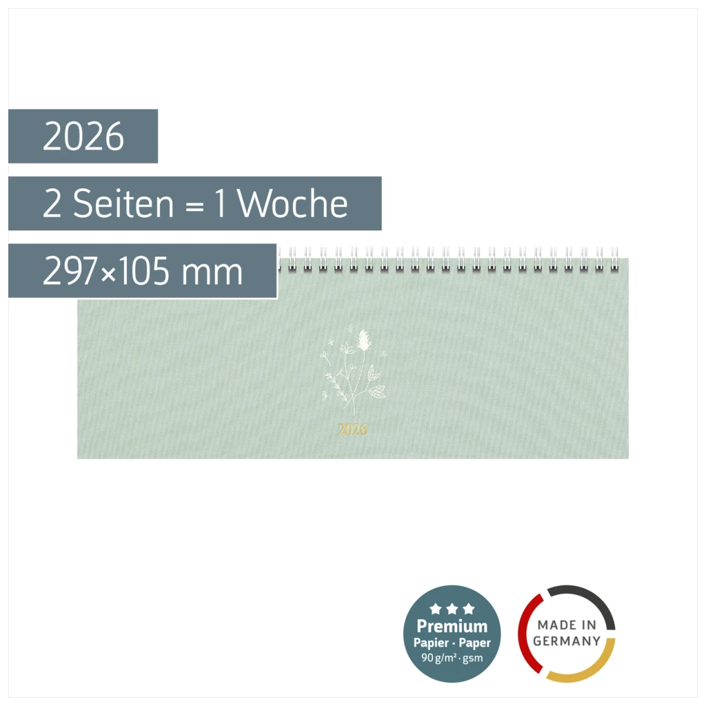 Querterminbuch Premium Young Line 2026 „Wild Flowers“ | 297×105 mm, Textil