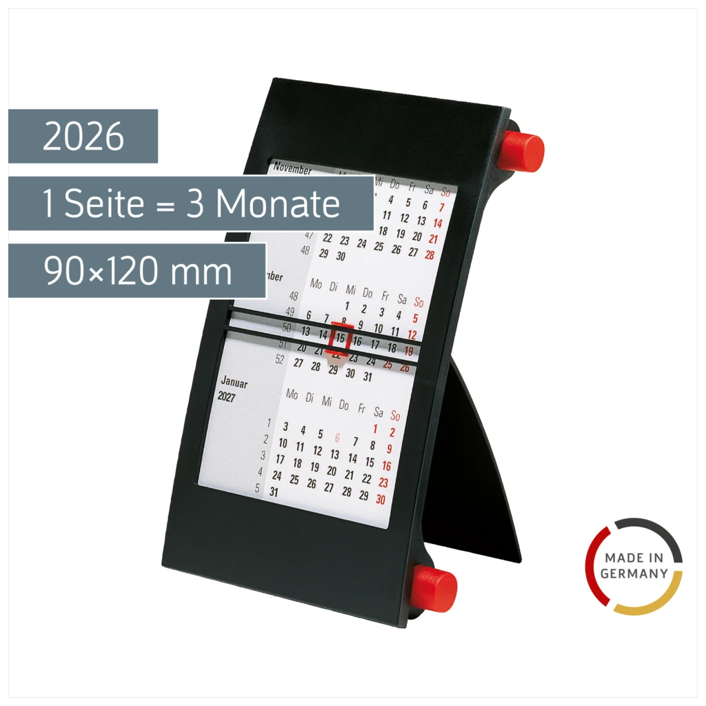 3-Monats-Tischkalender 2026 | 90×120 mm, rot/schwarz