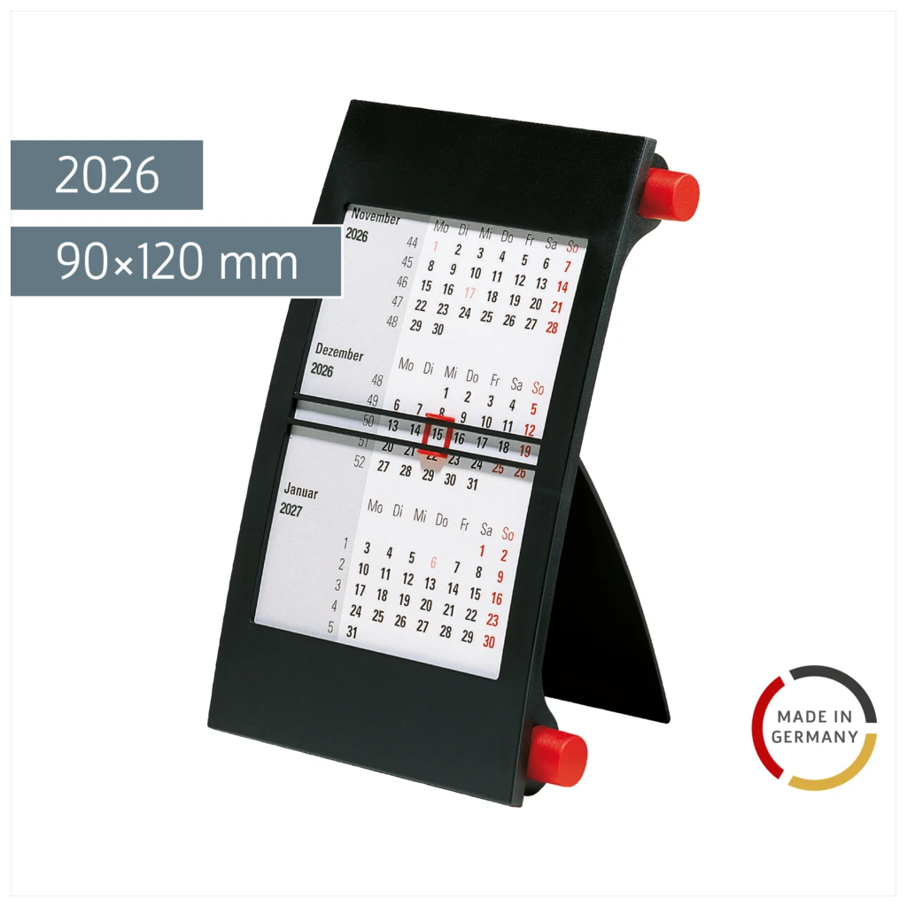 3-Monats-Tischkalender 2026 | 90×120 mm, rot/schwarz