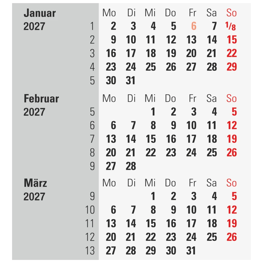 3-Monats-Tischkalender 2027 | 9×12 cm, rot/schwarz