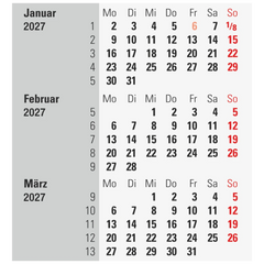 3-Monats-Tischkalender 2027 | 90×120 mm, rot/schwarz