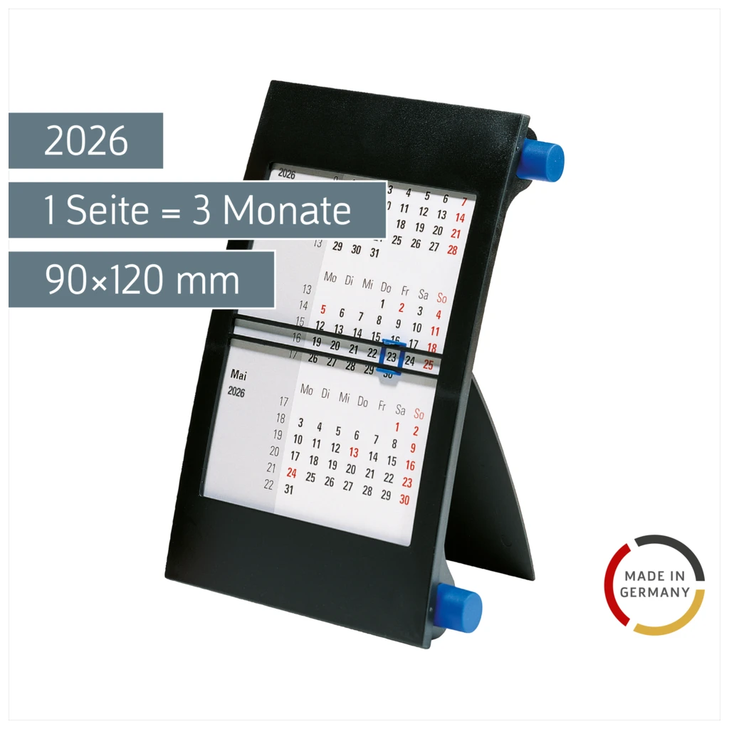 3-Monats-Tischkalender 2026 | 90×120 mm, blau/schwarz