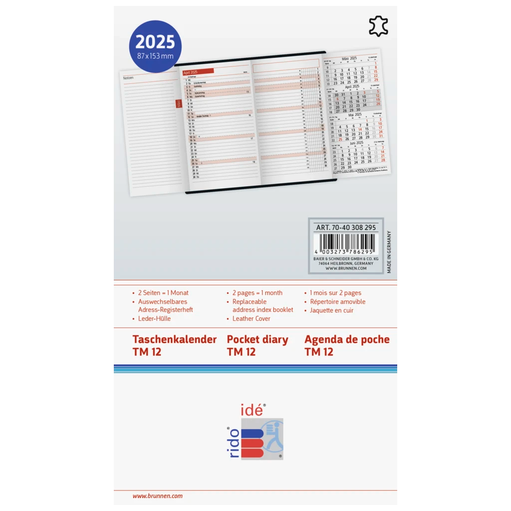 Taschenkalender Mod. TM 12 '25 | A6, Leder, weinrot