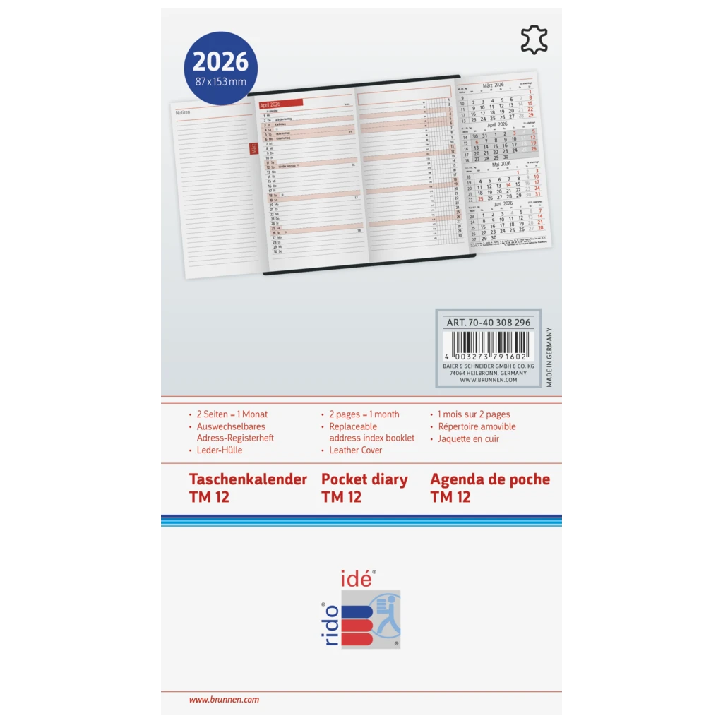 Taschenkalender Mod. TM 12 2026 | A6, Leder, weinrot