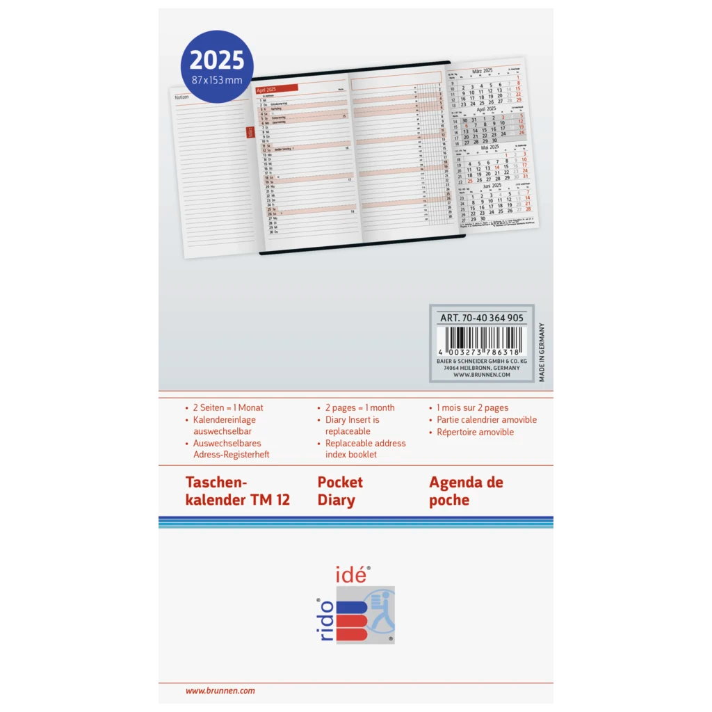 Taschenkalender Mod. TM 12 '25 | A6, Kunstleder, schwarz