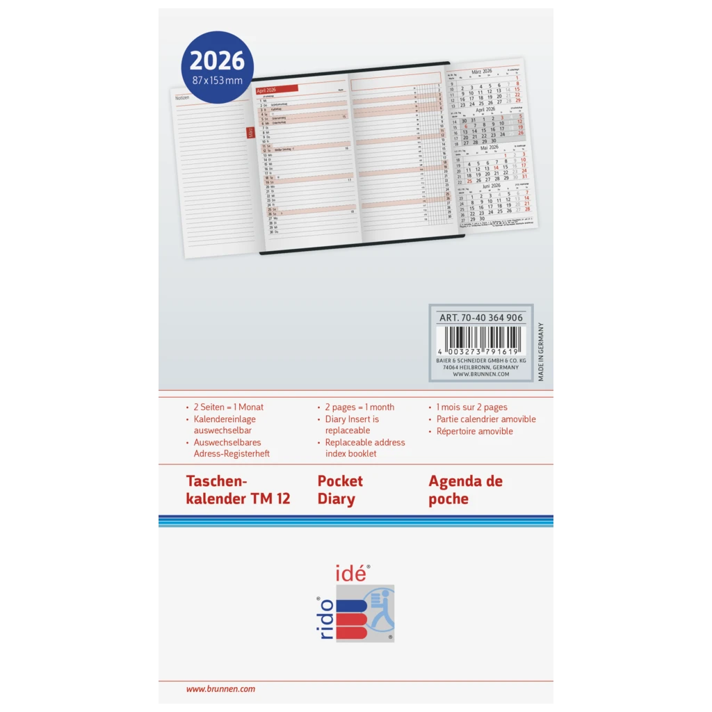 Taschenkalender Mod. TM 12 2026 | A6, Kunstleder, schwarz