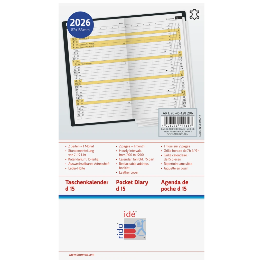 Taschenkalender Mod. Miniplaner d 15 2026 | A6, Leder, weinrot