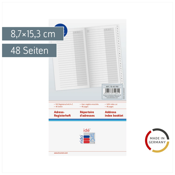 Adress-Registerheft | 8,7×15,3 cm, Karton, weiß