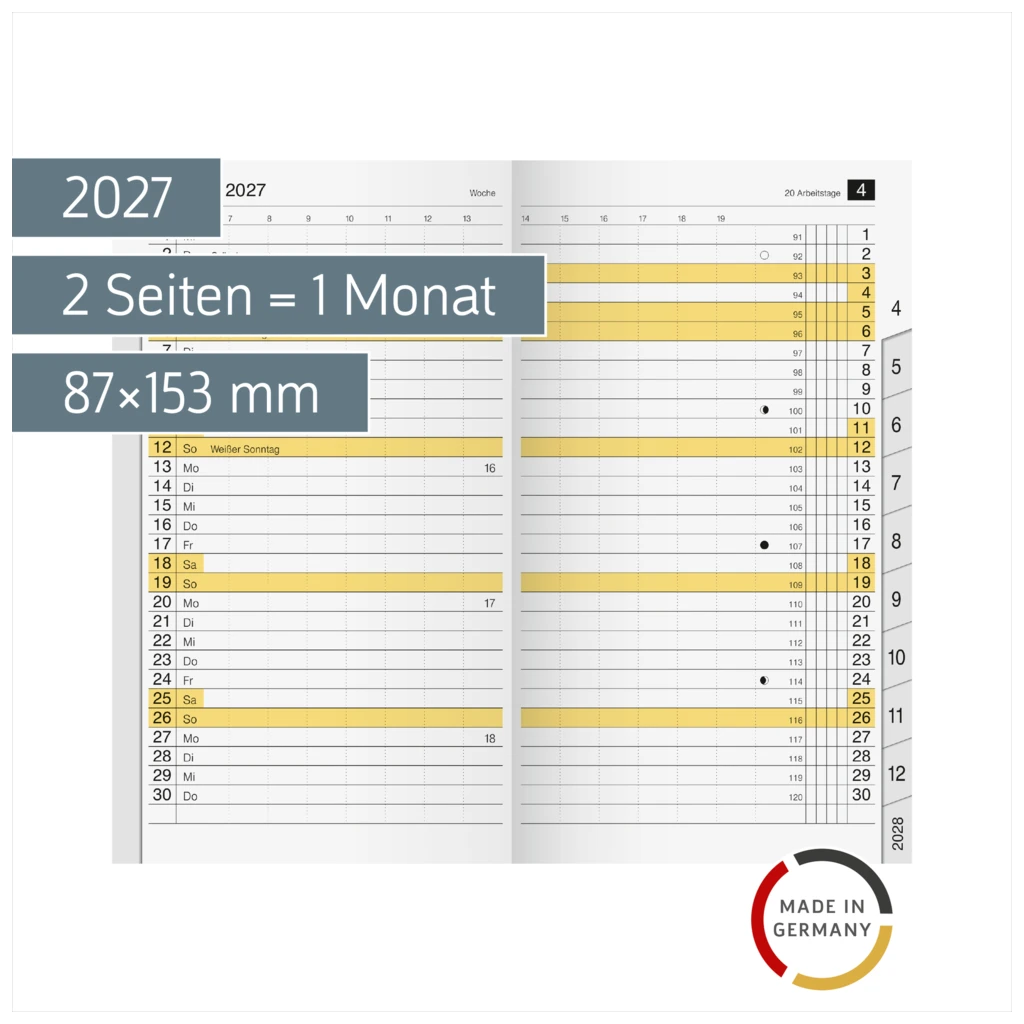 Monats-Ersatzkalendarium Mod. M-Planer 2027 | 87×153 mm, Karton, weiß