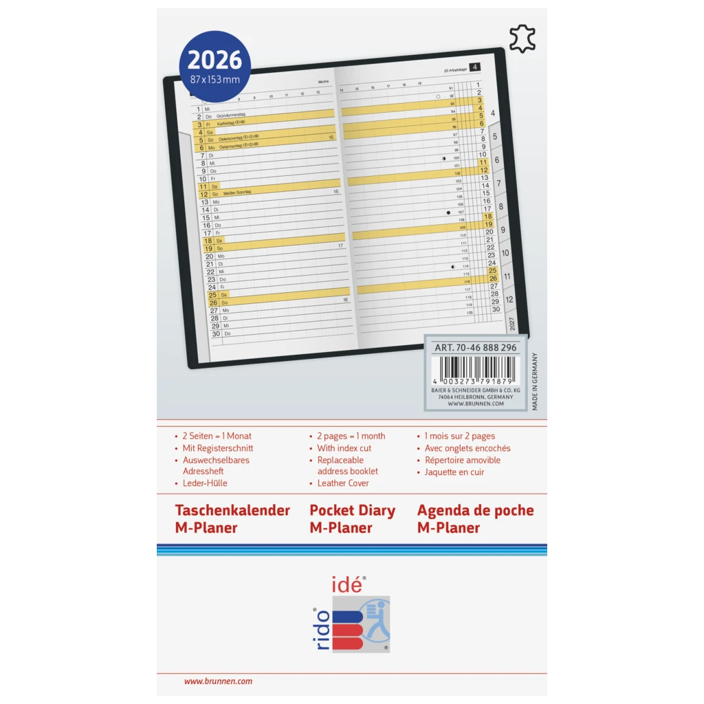 Taschenkalender Mod. M-Planer 2026 | A6, Leder, weinrot