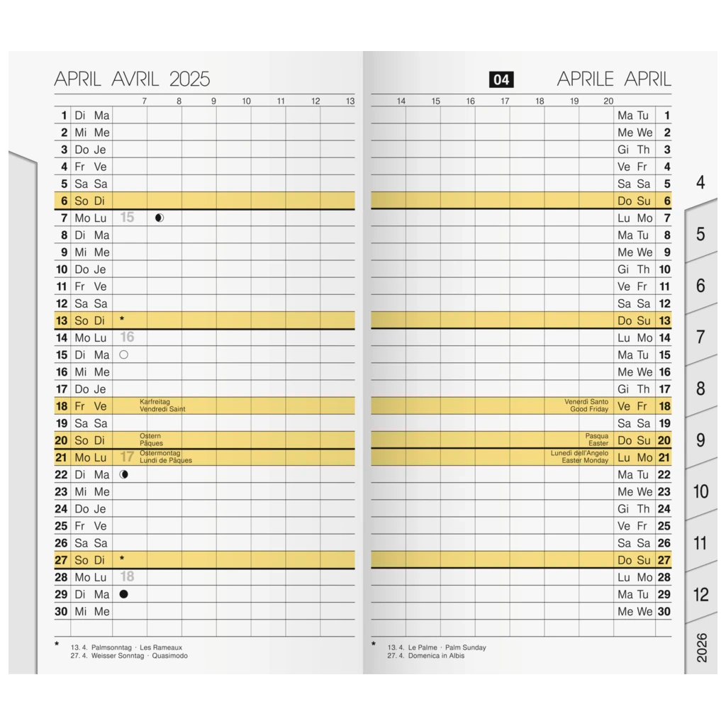 Monats-Ersatzkalendarium Mod. M-Planer '25 viersprachig | 87×153 mm, Karton, weiß