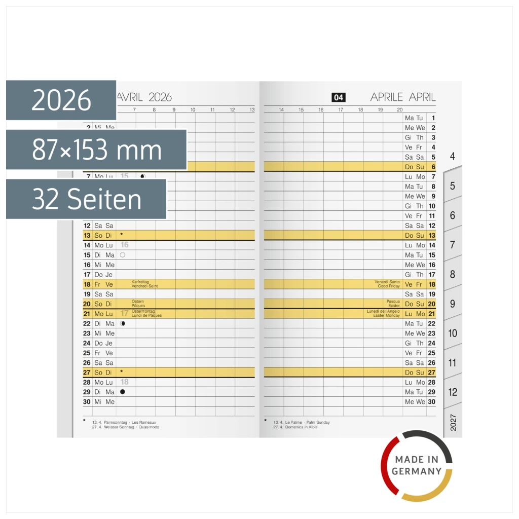 Monats-Ersatzkalendarium Mod. M-Planer 2026 viersprachig | 87×153 mm, Karton, weiß