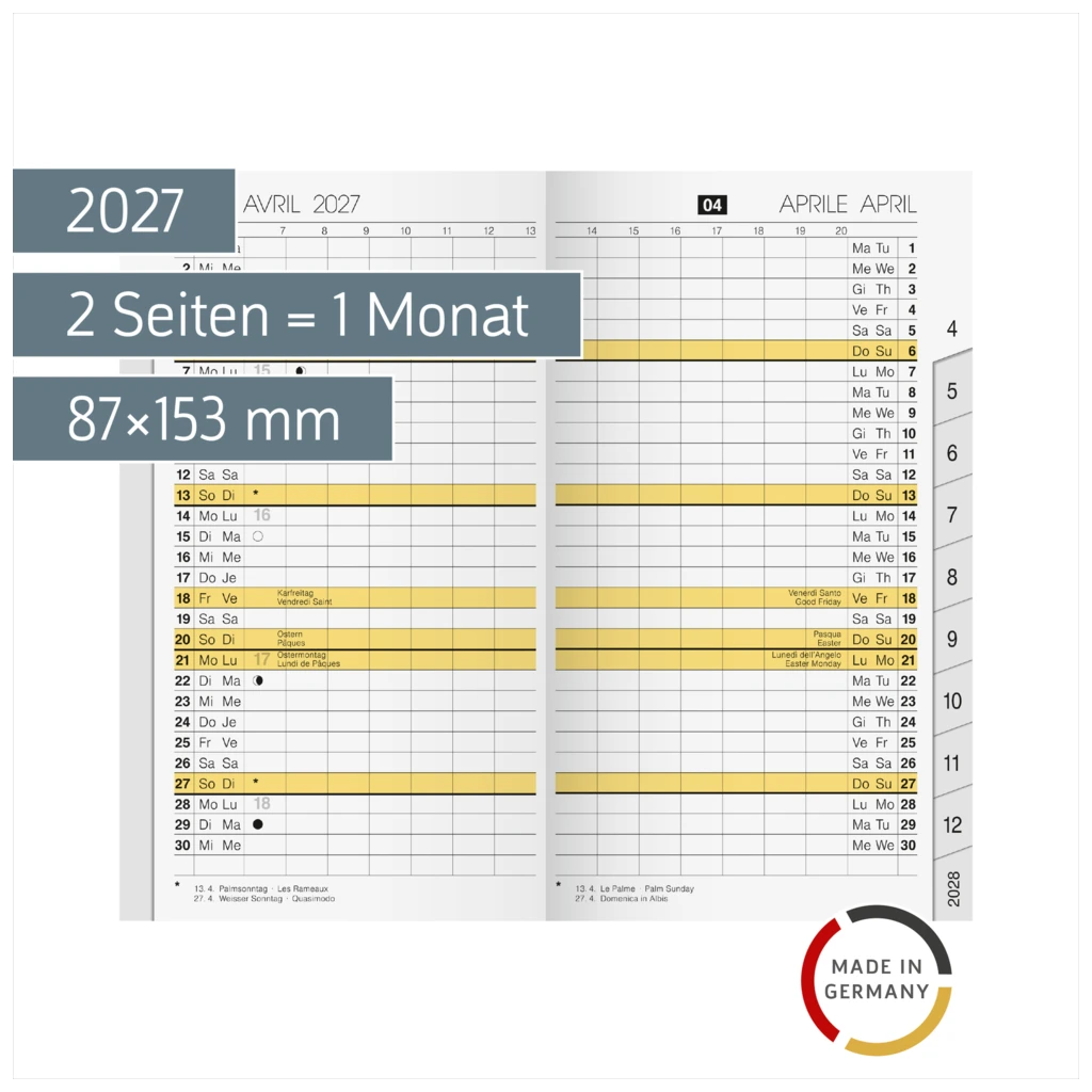 Monats-Ersatzkalendarium Mod. M-Planer 2027 | 87×153 mm, Karton, weiß