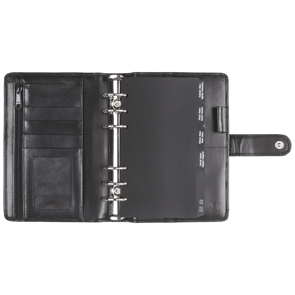 Ringbuch Zeitplansystem Timing 2 | 93×172 mm, Leder, schwarz