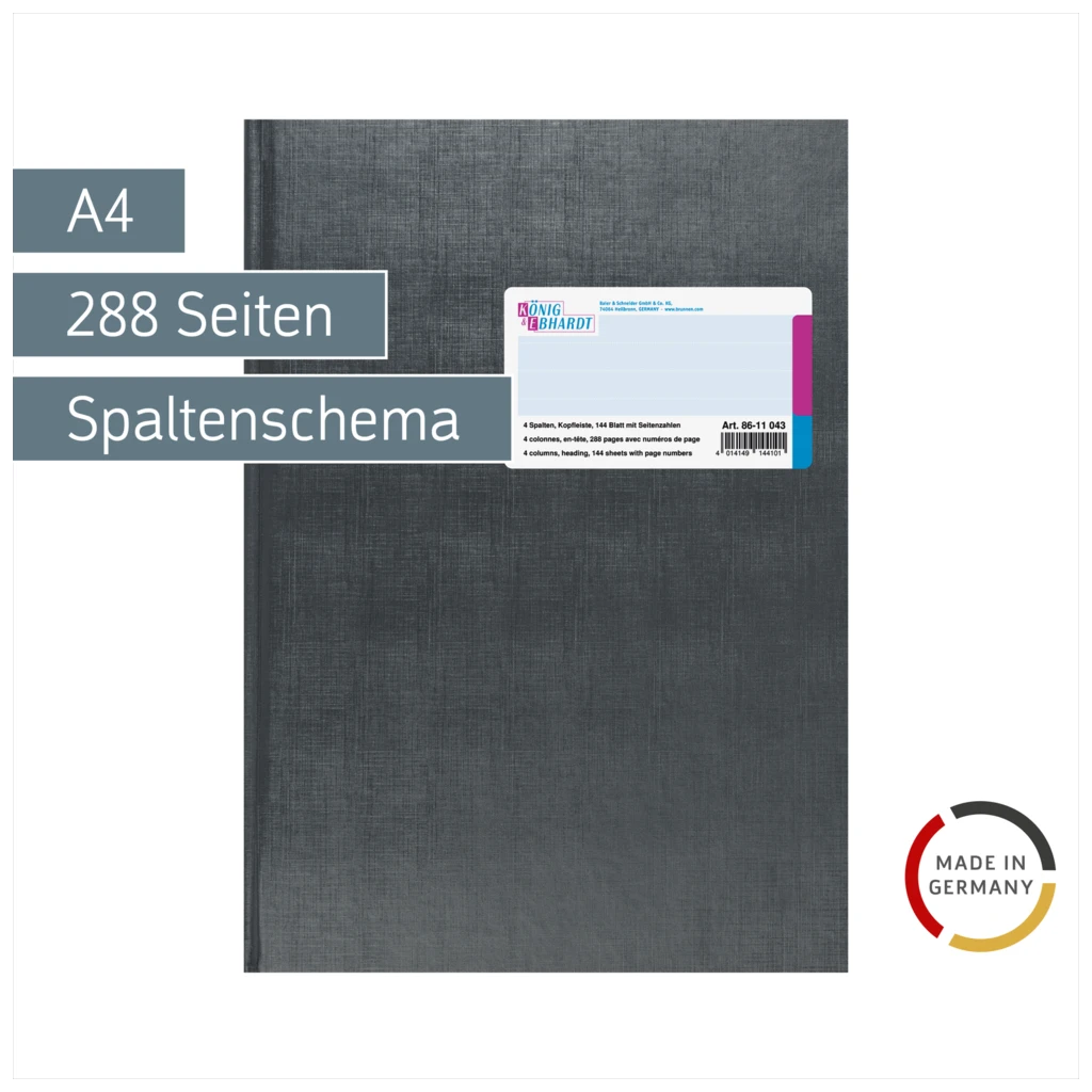 Spaltenbuch mit Kopfleiste | A4, 288 Seiten, mit Seitenzahlen, 4 Spalten, Kunststoff, grau