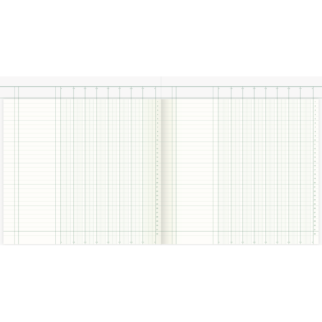 Spaltenbuch mit Kopfleiste, 277 × 297 mm, 40 Blatt / 80 Seiten, hochglanzlackierter Karton, 80 g/m²