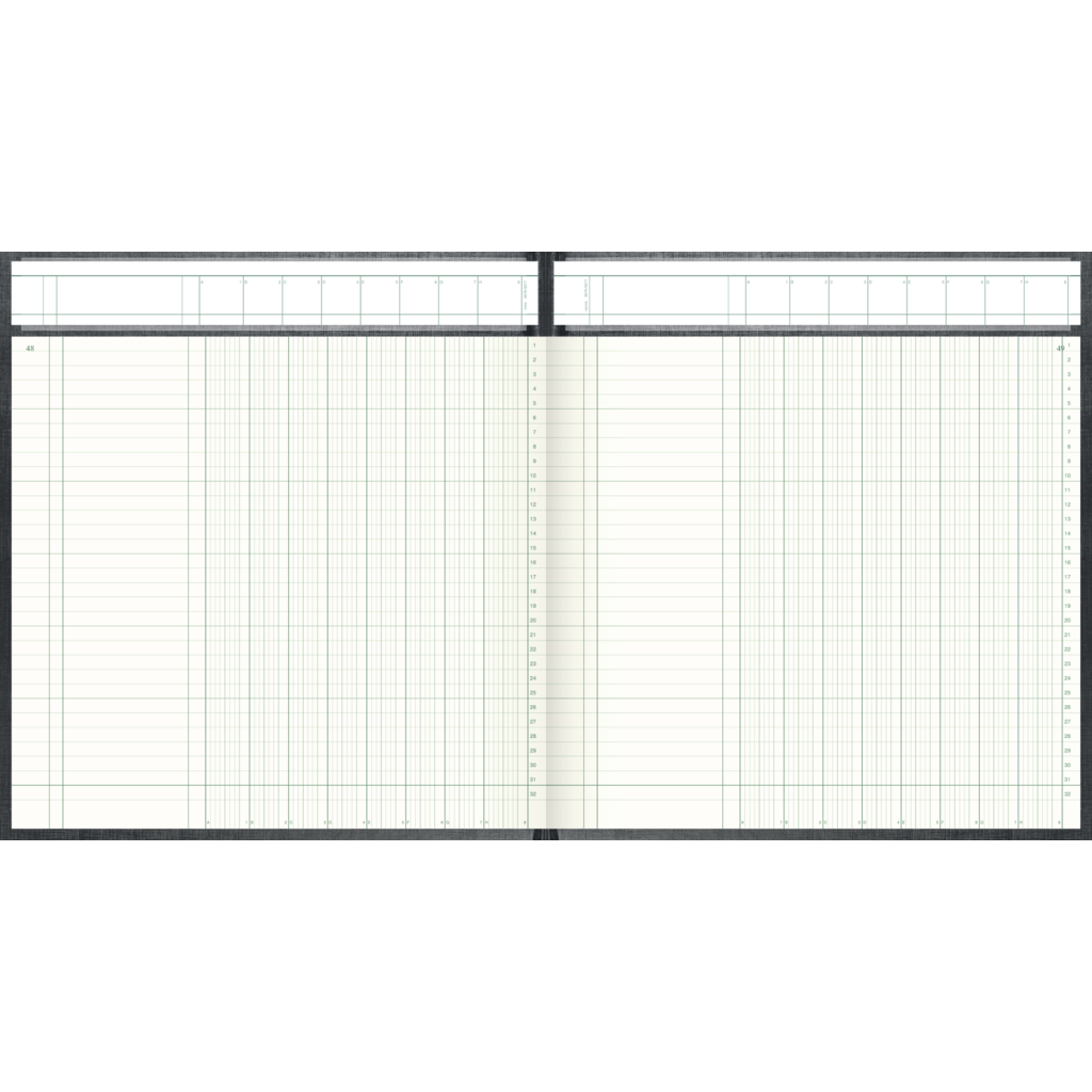 Spaltenbuch mit Kopfleiste, 277 × 297 mm, 96 Blatt / 192 Seiten, Spaltenschema, Deckenband, 80 g/m², grau