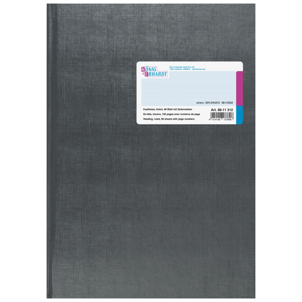 Geschäftsbuch mit Kopfleiste | A4, 192 Seiten, mit Seitenzahlen, liniert, Kunststoff, grau