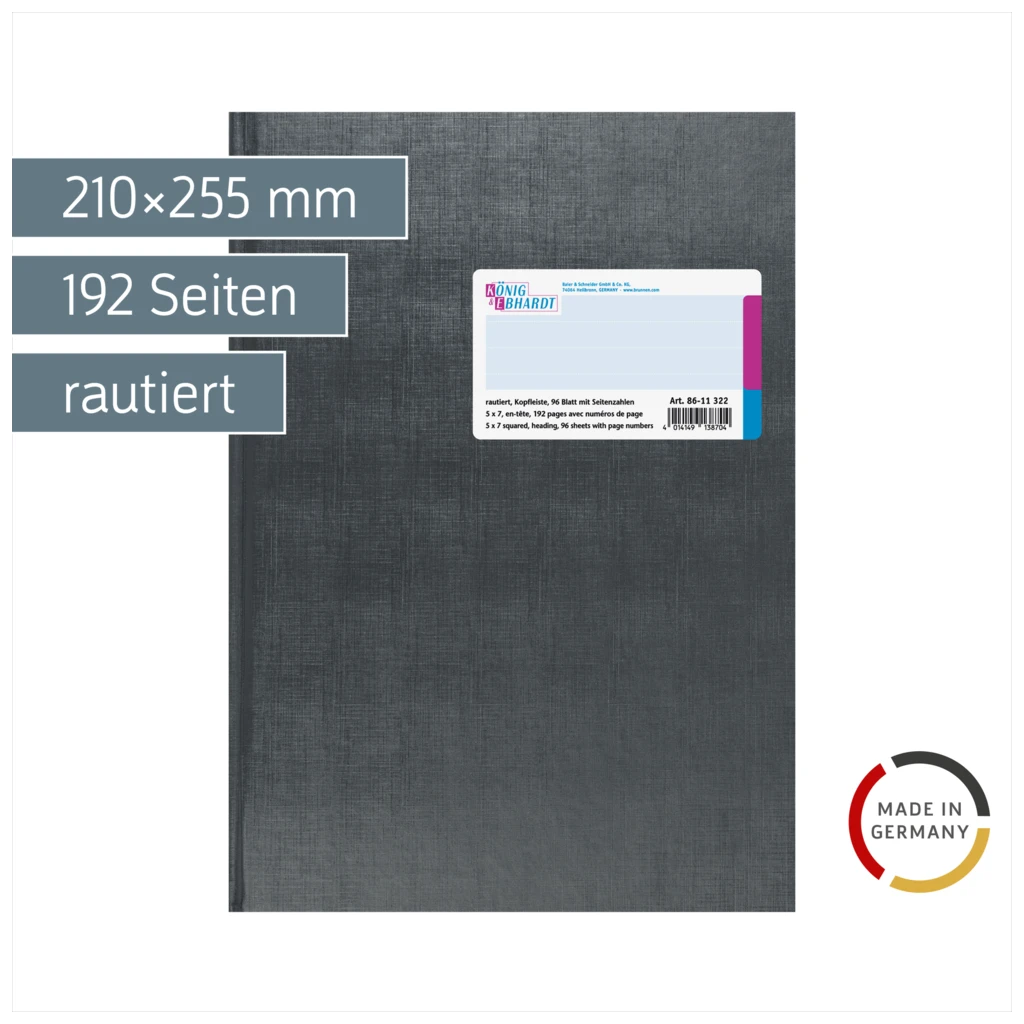 Geschäftsbuch mit Kopfleiste | A4, 192 Seiten, mit Seitenzahlen, rautiert, Kunststoff, grau