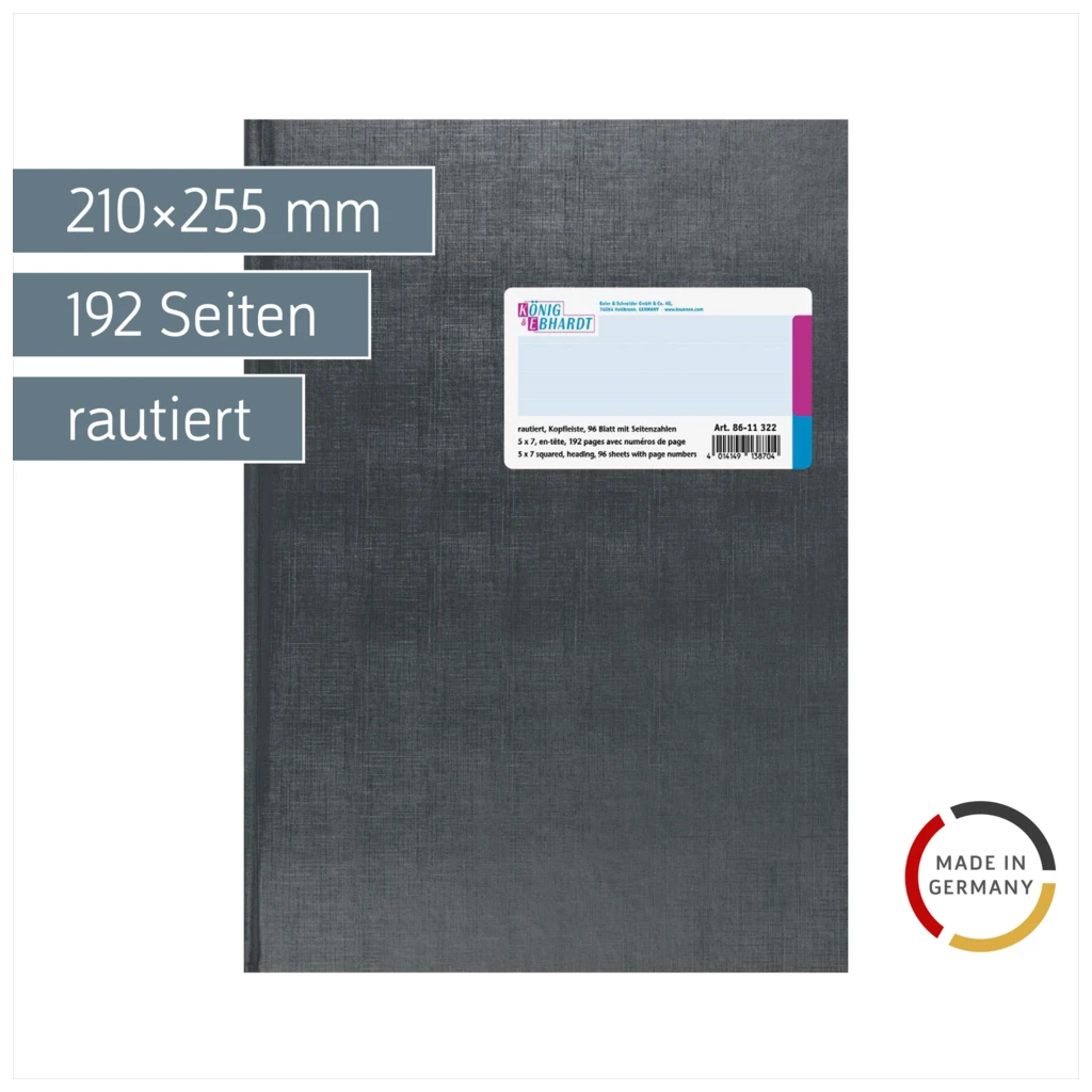 Geschäftsbuch mit Kopfleiste | A4, 192 Seiten, mit Seitenzahlen, rautiert, Kunststoff, grau
