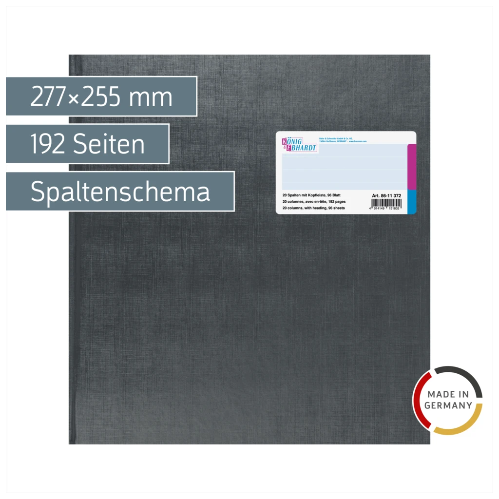 Vielzweckbuch mit Kopfleiste | 277×255 mm, 192 Seiten, 20 Spalten, Kunststoff, grau