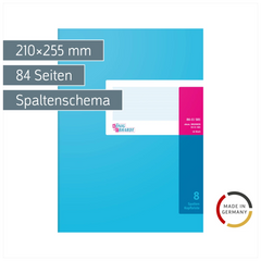 Spaltenbuch mit Kopfleiste | 210×255 mm, 84 Seiten, 8 Spalten, Karton, magenta/hellblau