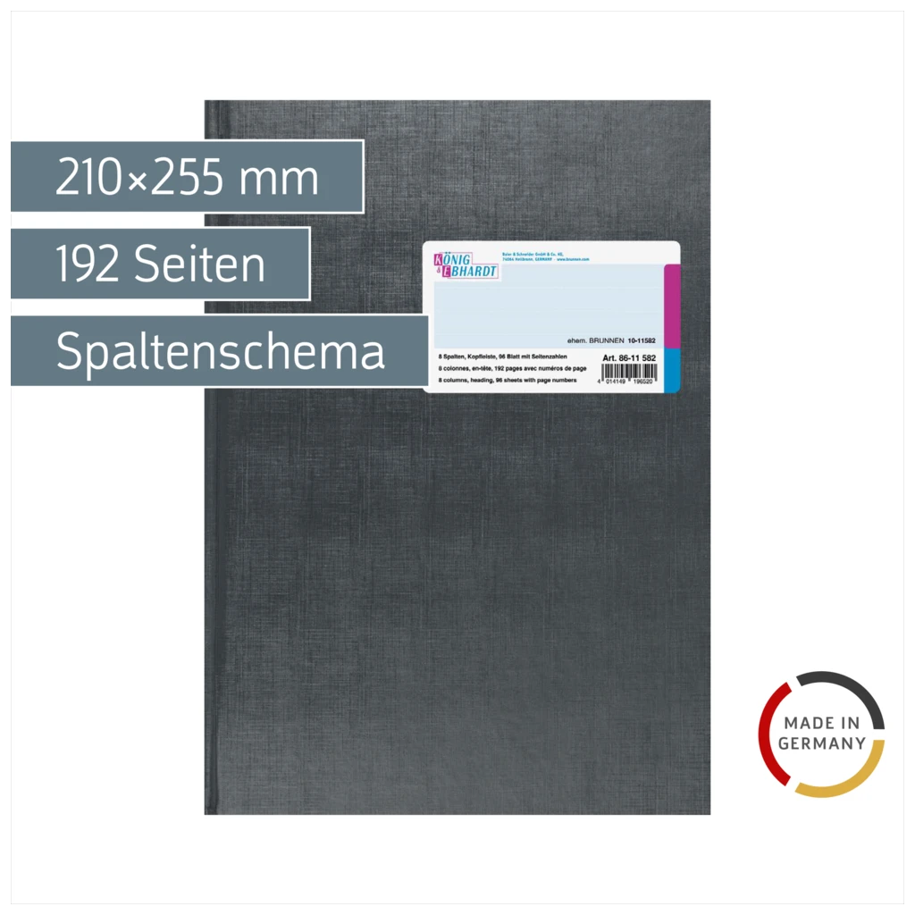 Spaltenbuch mit Kopfleiste | 210×255 mm, 192 Seiten, mit Seitenzahlen, 8 Spalten, Kunststoff, grau