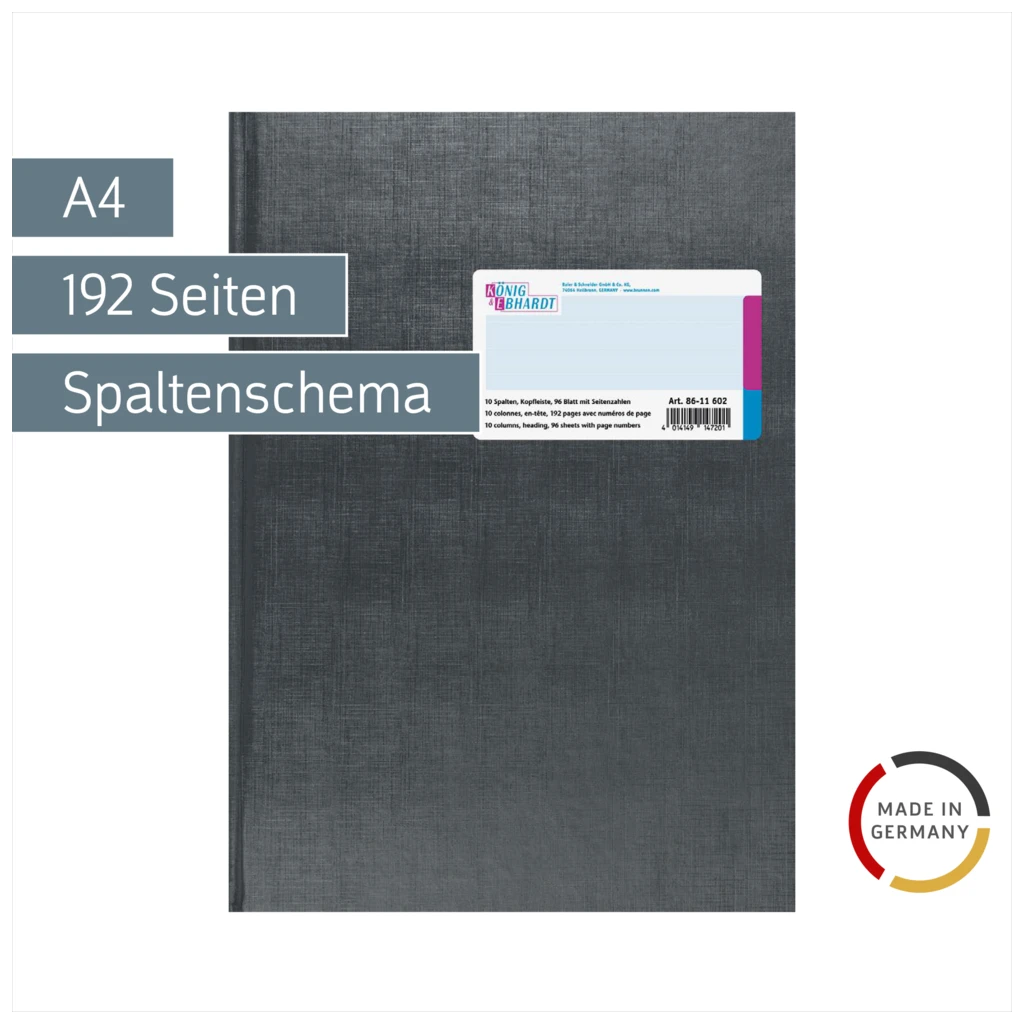 Spaltenbuch mit Kopfleiste | A4, 192 Seiten, mit Seitenzahlen, 10 Spalten, Kunststoff, grau