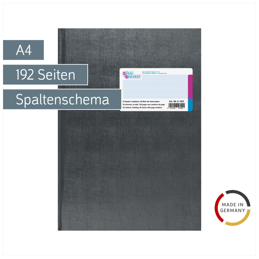 Spaltenbuch mit Kopfleiste | A4, 192 Seiten, mit Seitenzahlen, 10 Spalten, Kunststoff, grau