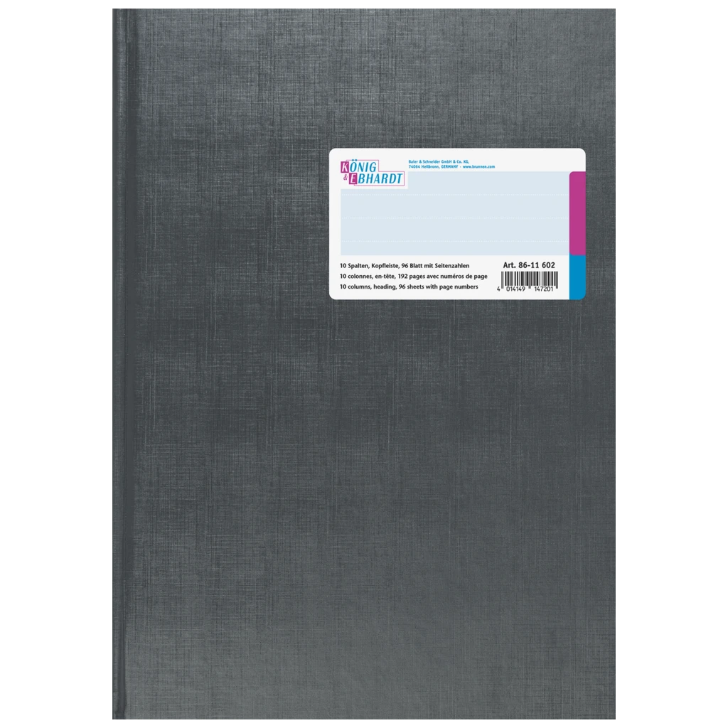 Spaltenbuch mit Kopfleiste | A4, 192 Seiten, mit Seitenzahlen, 10 Spalten, Kunststoff, grau