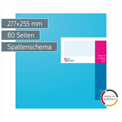 Spaltenbuch mit Kopfleiste | 277×255 mm, 80 Seiten, 20 Spalten, Karton, magenta/hellblau