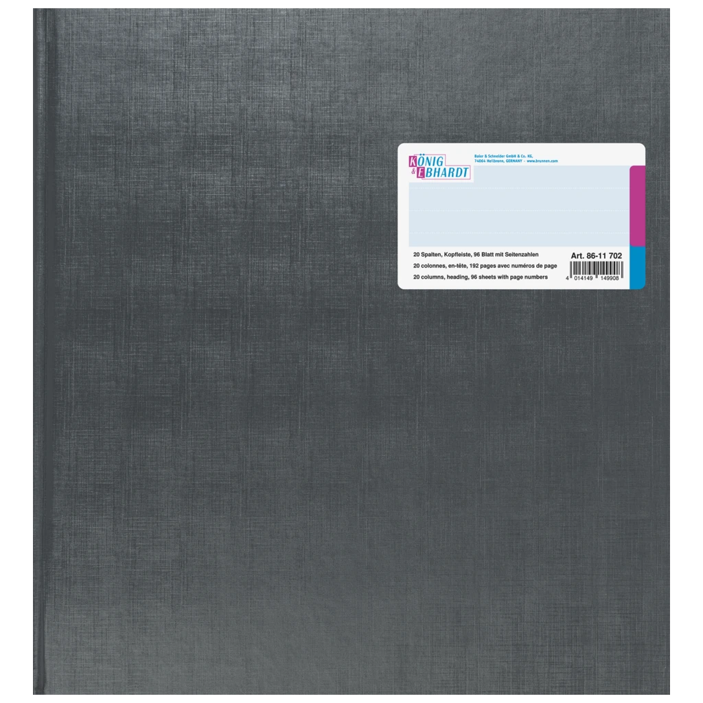 Spaltenbuch mit Kopfleiste | 277×255 mm, 192 Seiten, mit Seitenzahlen, 20 Spalten, Kunststoff, grau