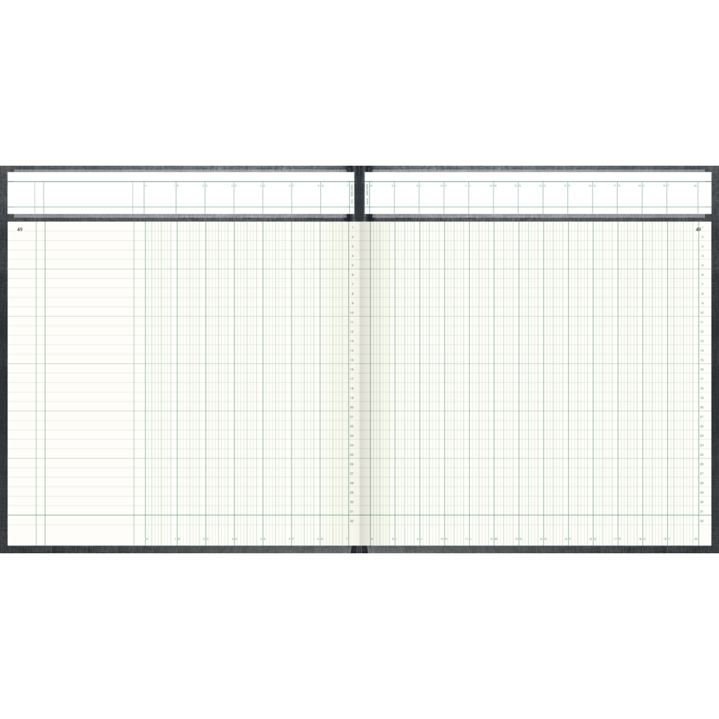Spaltenbuch mit Kopfleiste, 277 × 255 mm, 144 Blatt / 288 Seiten, Deckenband, 80 g/m², grau