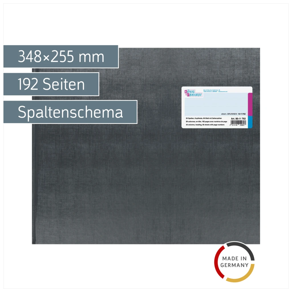 Spaltenbuch mit Kopfleiste | 348×255 mm, 192 Seiten, mit Seitenzahlen, 26 Spalten, Kunststoff, grau