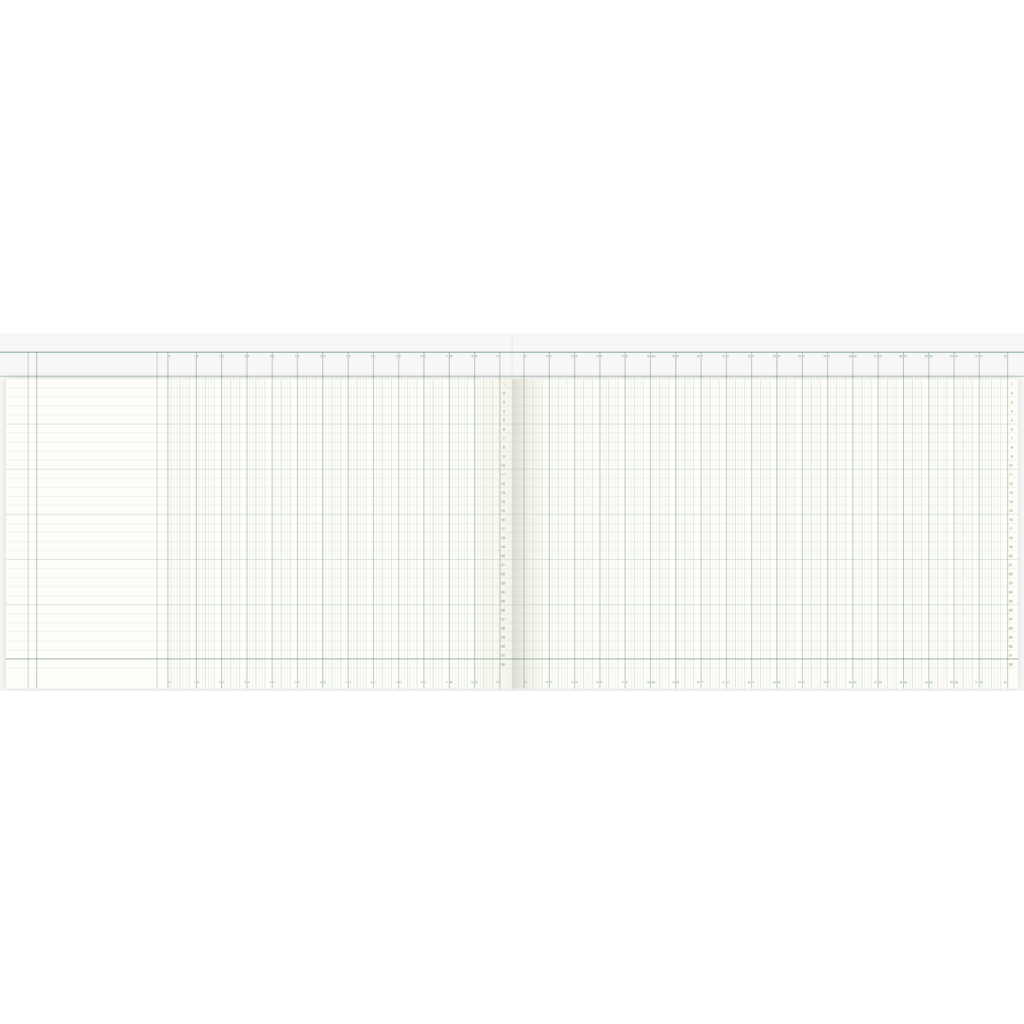 Spaltenbuch mit Kopfleiste, 420 × 255 mm, 40 Blatt / 80 Seiten, hochglanzlackierter Karton, 80 g/m²
