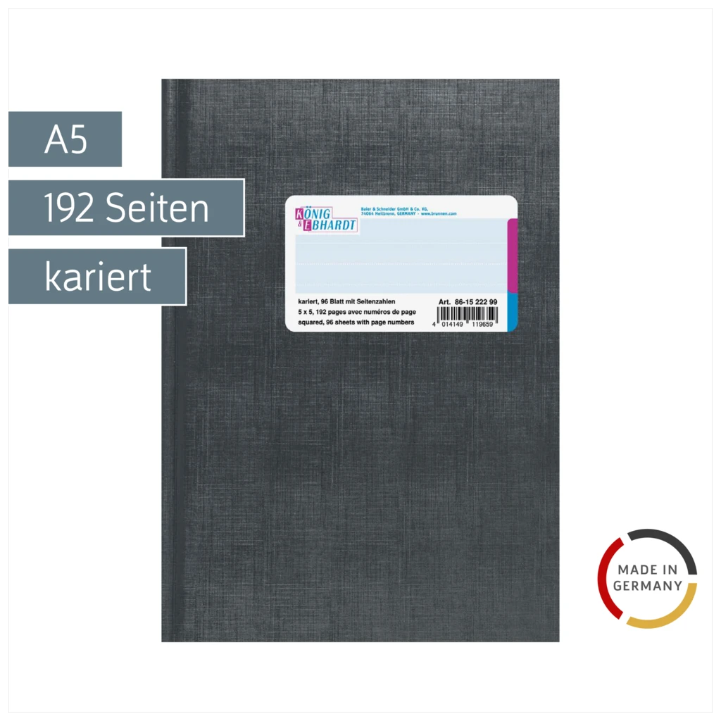 Geschäftsbuch | A5, 192 Seiten, mit Seitenzahlen, kariert, Kunststoff, grau