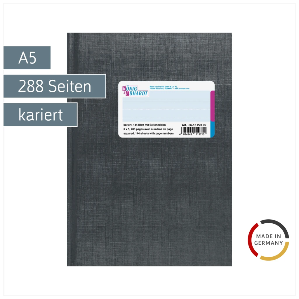 Geschäftsbuch | A5, 288 Seiten, mit Seitenzahlen, kariert, Kunststoff, grau