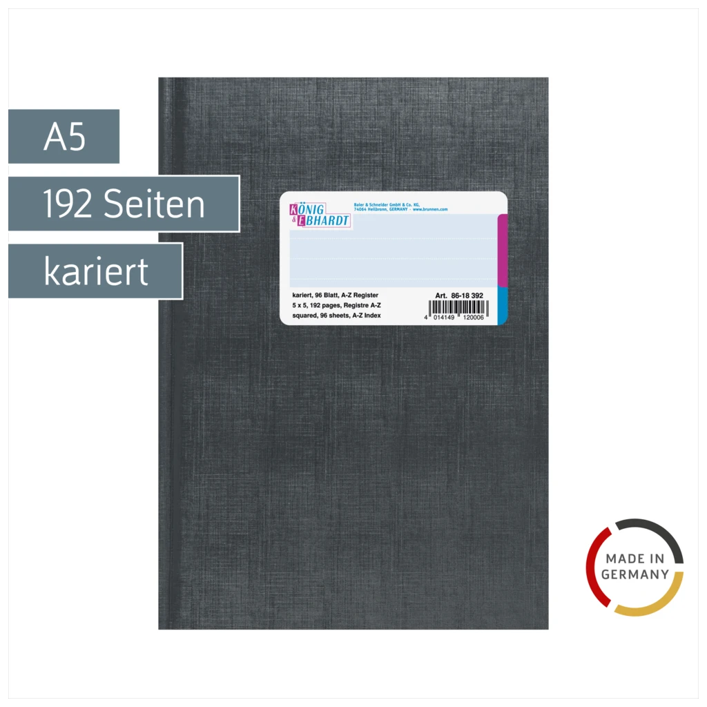 Registerbuch | A5, 192 Seiten, kariert, Kunststoff, grau