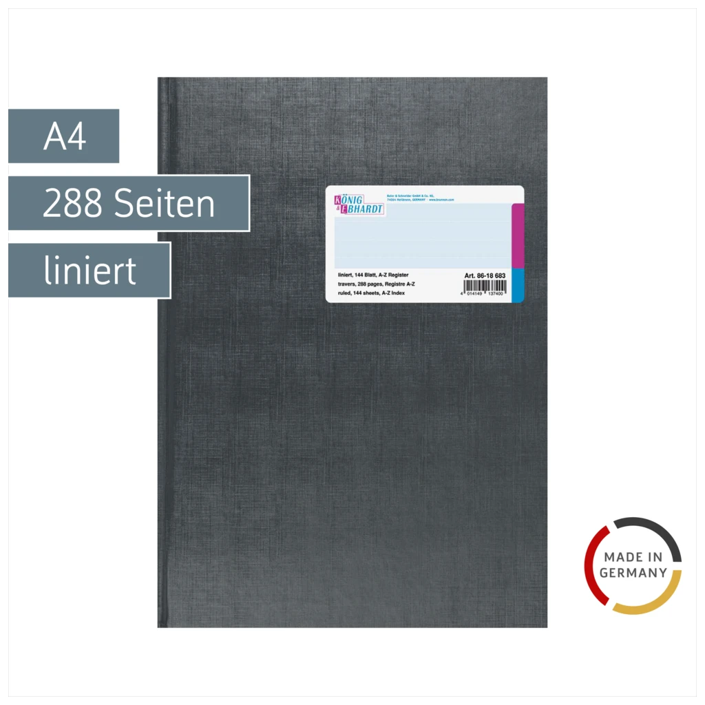 Registerbuch | A4, 288 Seiten, liniert, Kunststoff, grau