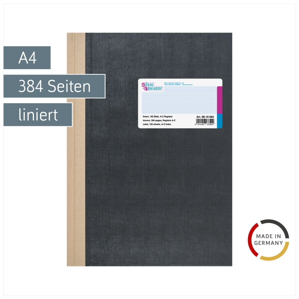Registerbuch | A4, 384 Seiten, liniert, Kunststoff, grau