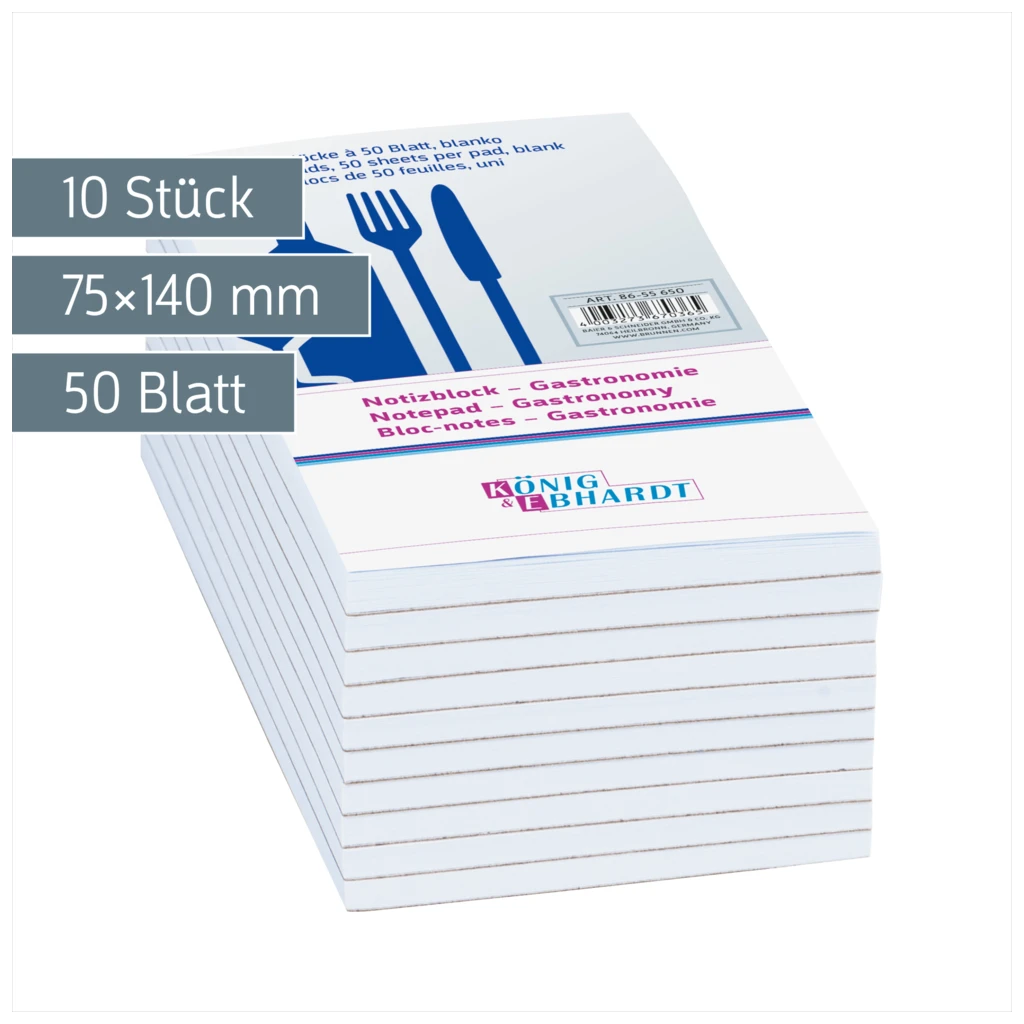 Notizblöcke „Gastronomie“ | unliniert, 50 Blatt, weiß, 10 Stück